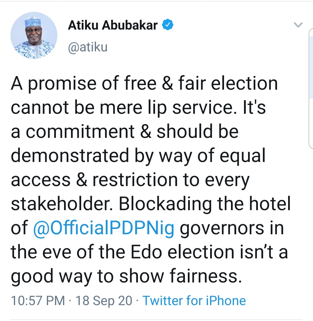 Edo 2020: Free and Fair Election Should Not Be Lip Service Alone- Atiku