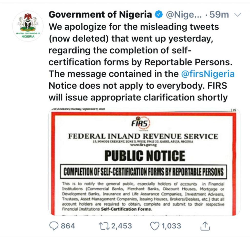 Bank Self-Certification Form: Nigerian Govt Makes U-Turn