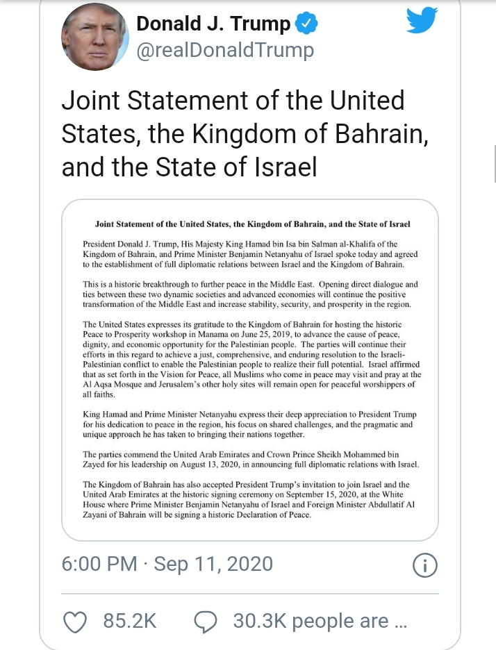 Bahrain, Isreal Accept Diplomatic Ties After Trump’s Intervention