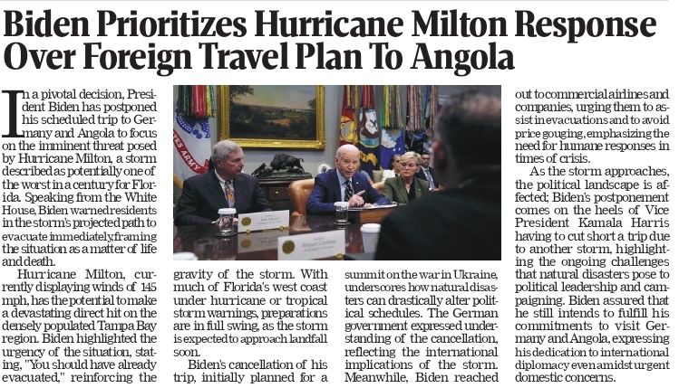 Biden Delays Foreign Trip to Focus on Hurricane Milton Response in Florida